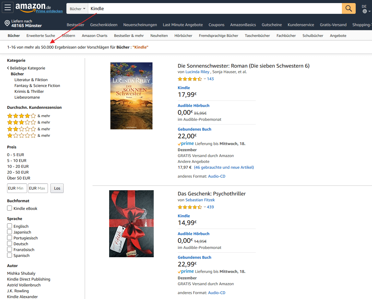 Amazon-Suchergebnisse zu Kindle